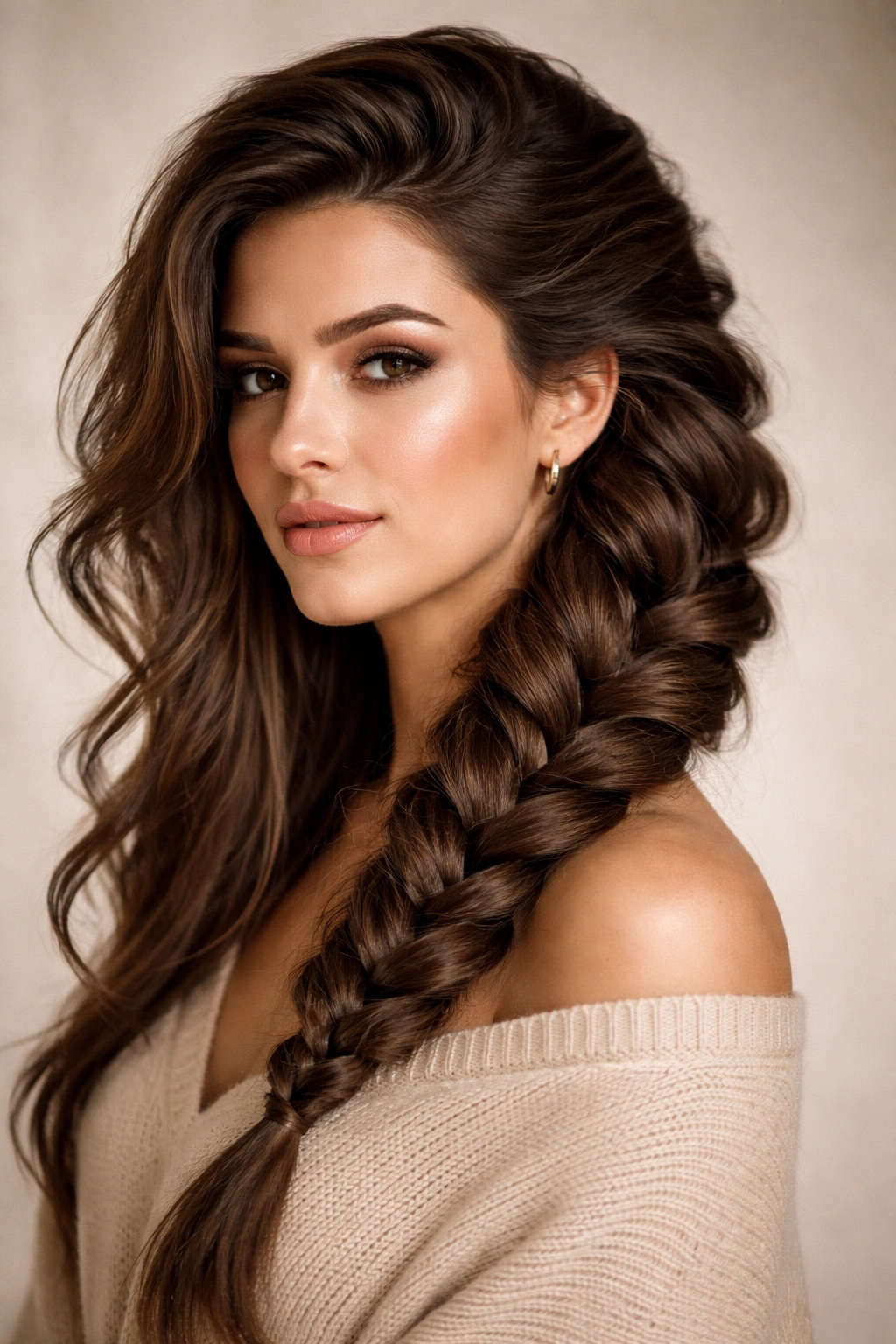 Close-up of thick hair with a dramatic side-swept French braid across one side of the head