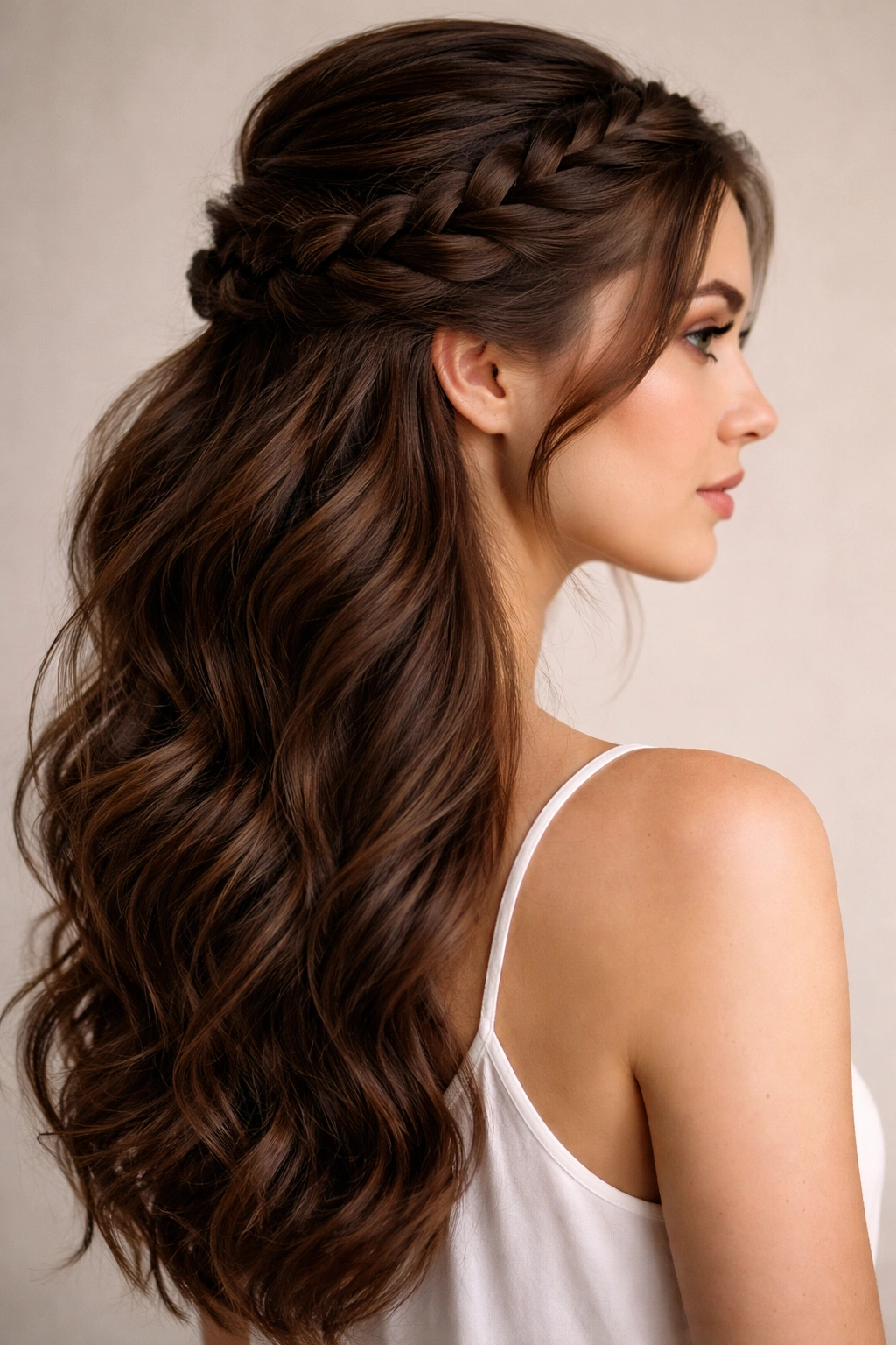 Side-swept braid half up on thick hair photographed in a studio.
