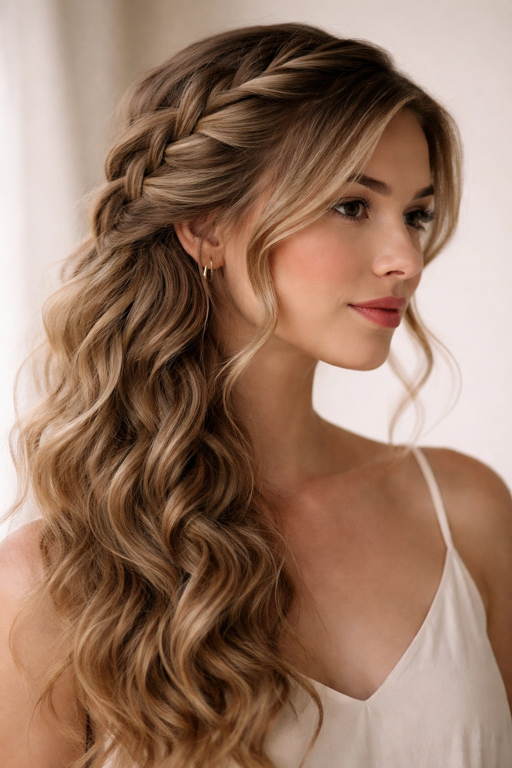 Profile view of a side-swept French braid on wavy hair with soft light