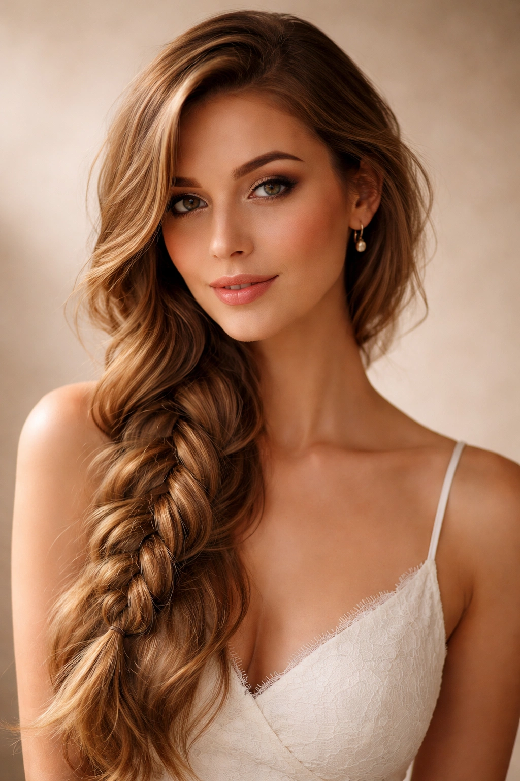 Side-swept romantic braid draped over shoulder with soft waves