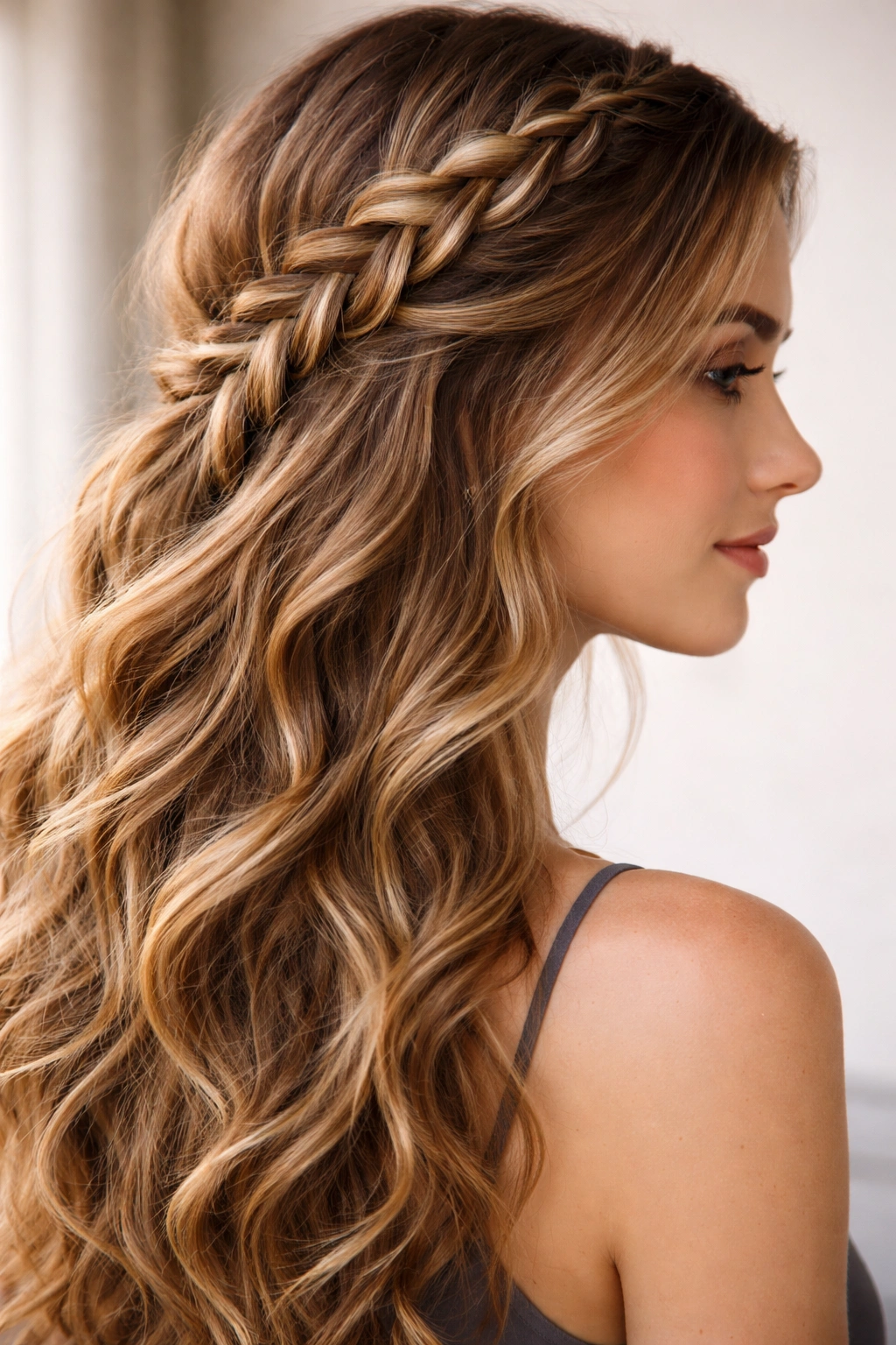 Side-swept braid running diagonally across head with waves