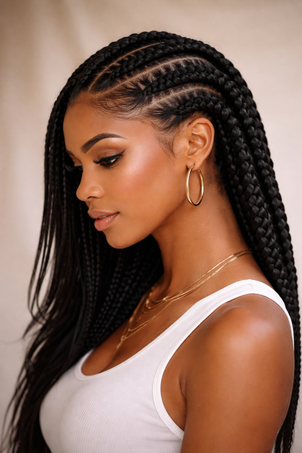 Three side-swept braids diagonally across the head