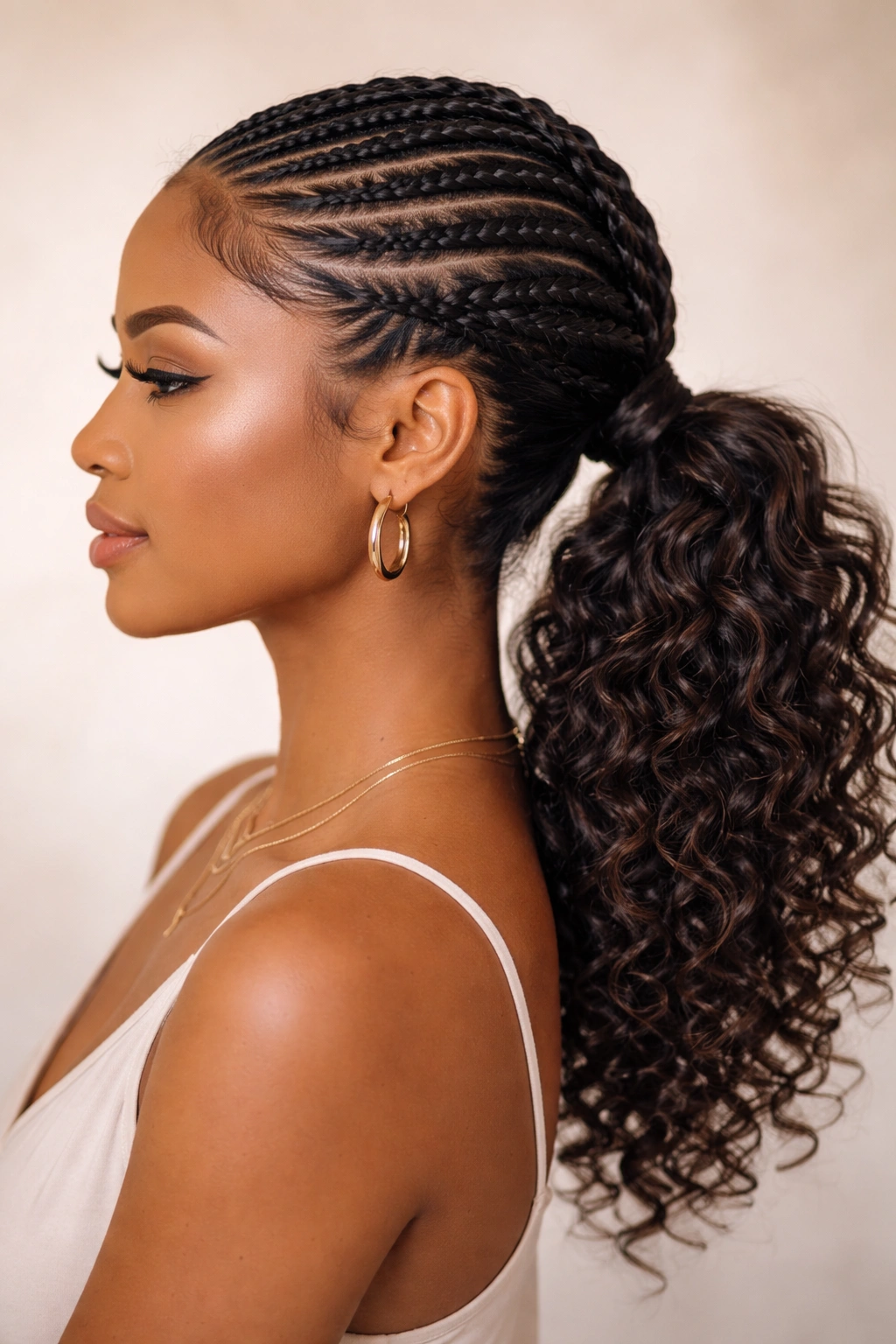 Side-swept feed-in braids curved into a low off-center ponytail on curly hair