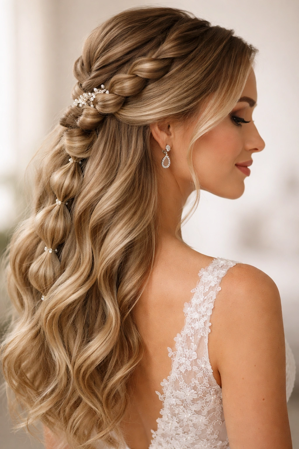 Side-swept bubble braid starting behind the ear and sweeping to the opposite side