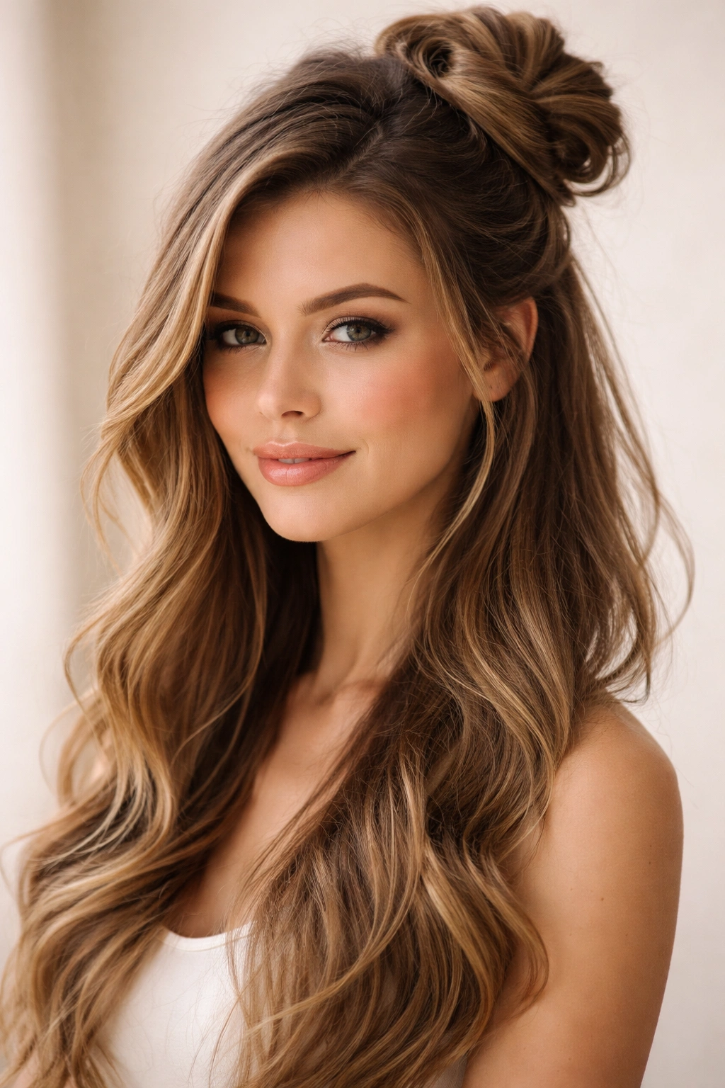 Close-up of a side-swept half-up bun with off-center placement and face-framing strands