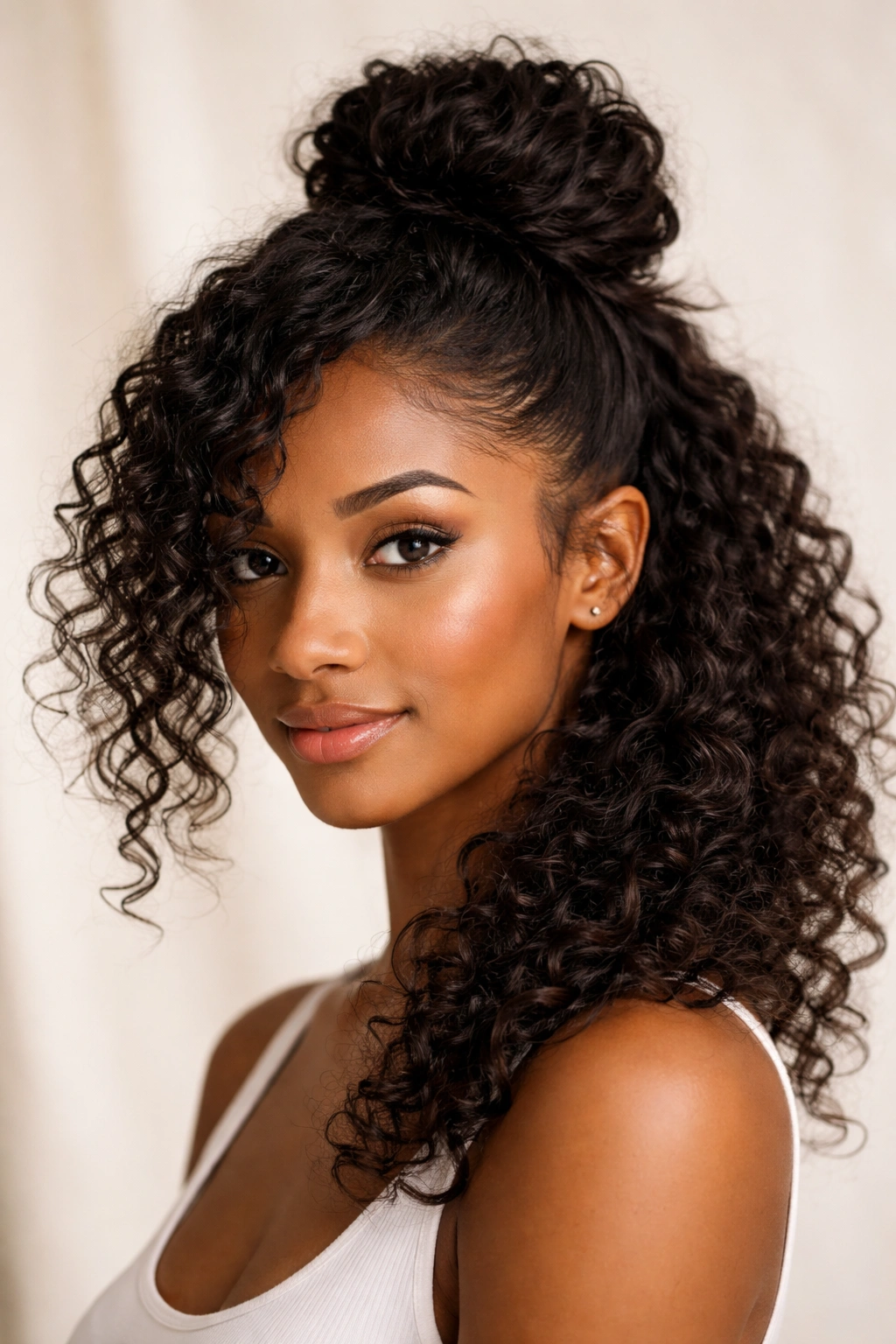 Close-up of a natural hair model with a deep side-part and a side-swept half-up bun.