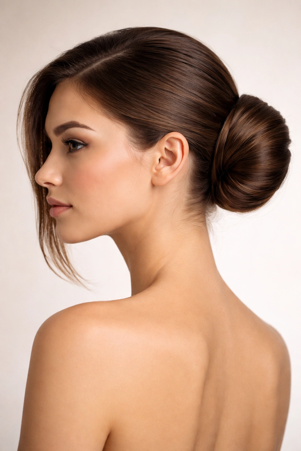 Close-up profile of a sleek side-swept bun on an off-center ponytail with neutral studio lighting