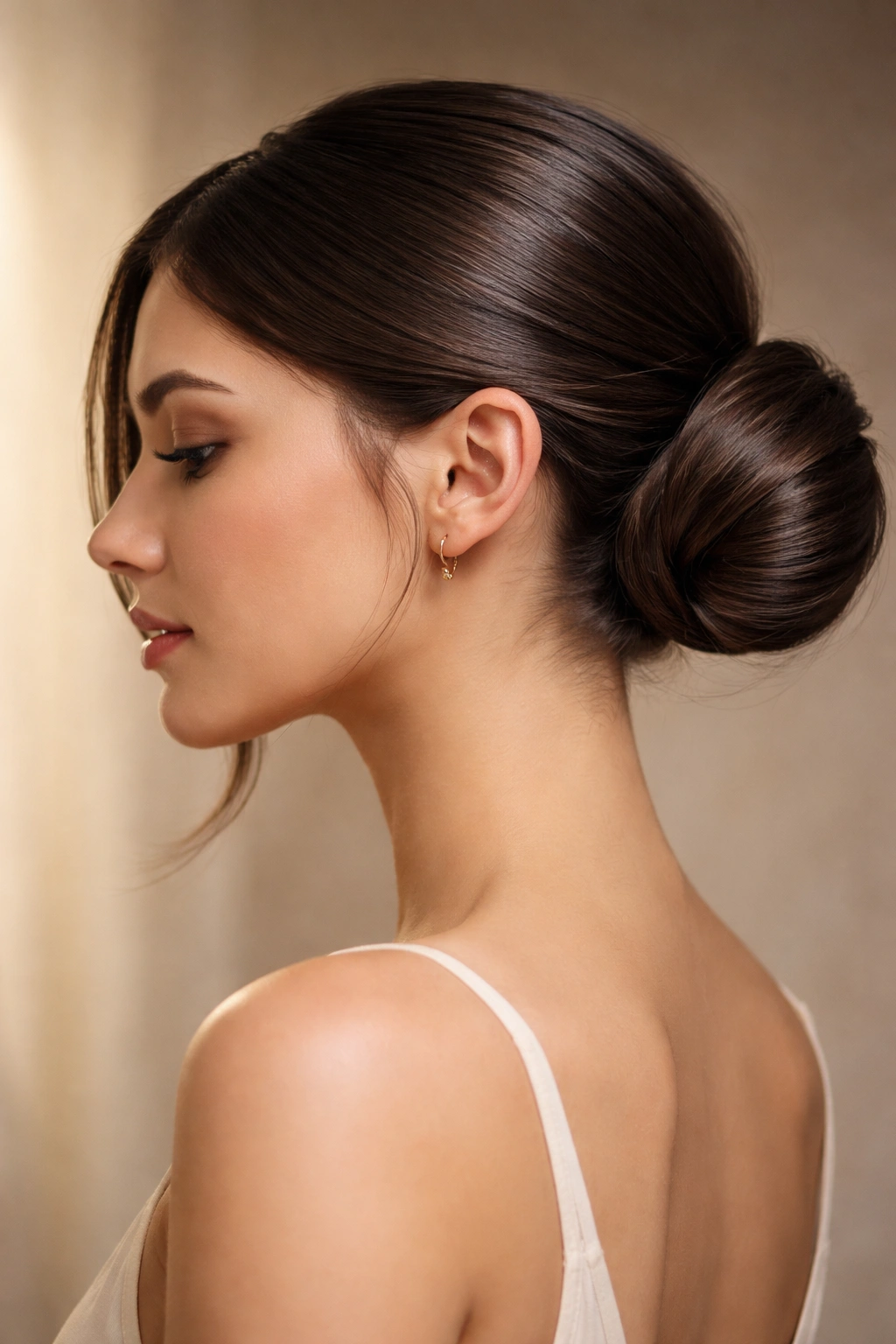 Side view of a low, side-swept bun near the ear on straight hair
