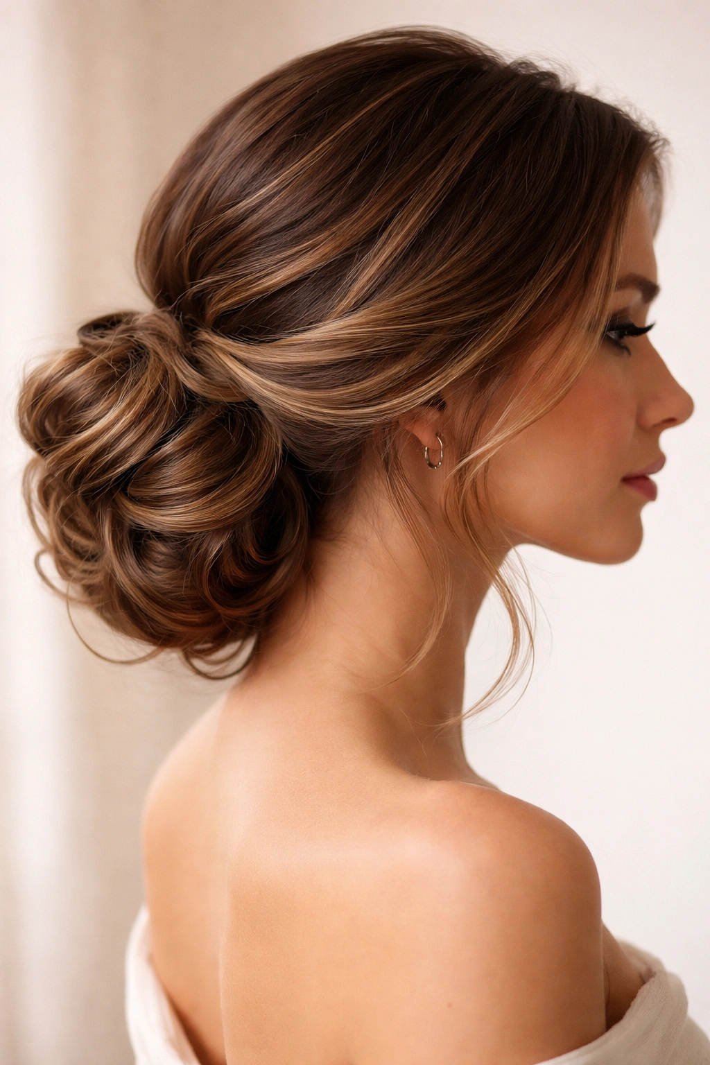 Side profile of hair swept to one side into a low bun with cascading waves