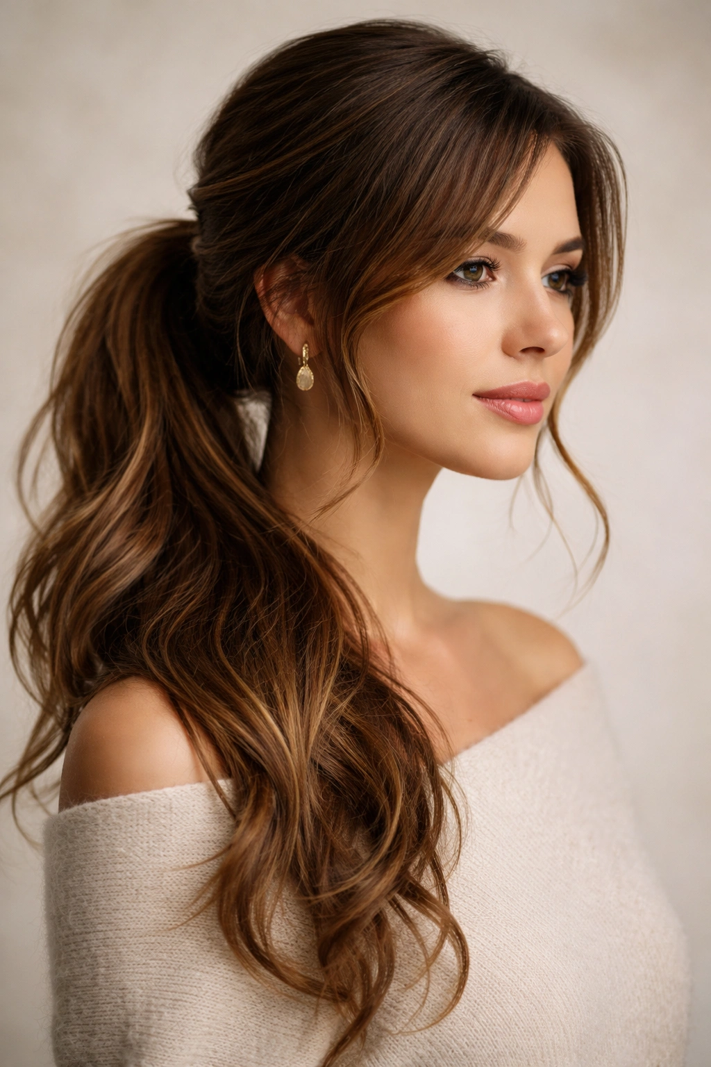 Side-swept caramel brown ponytail with wispy strands
