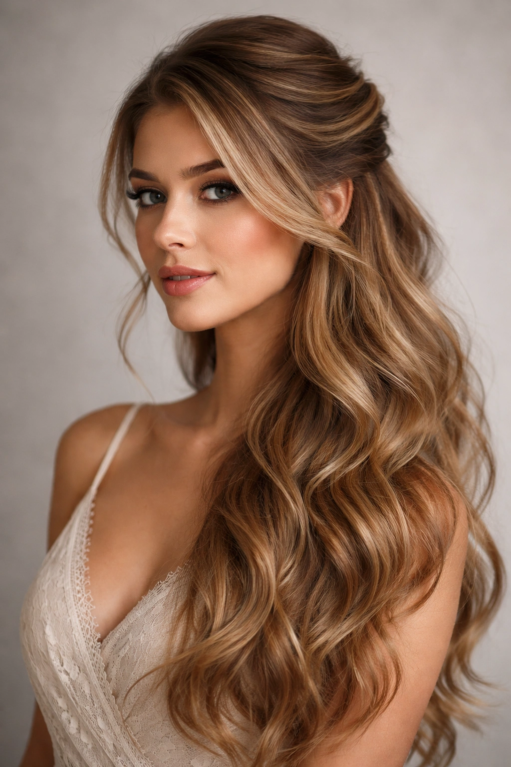 Close-up of The Side-Swept Cascade hairstyle with a side-swept top and cascading waves