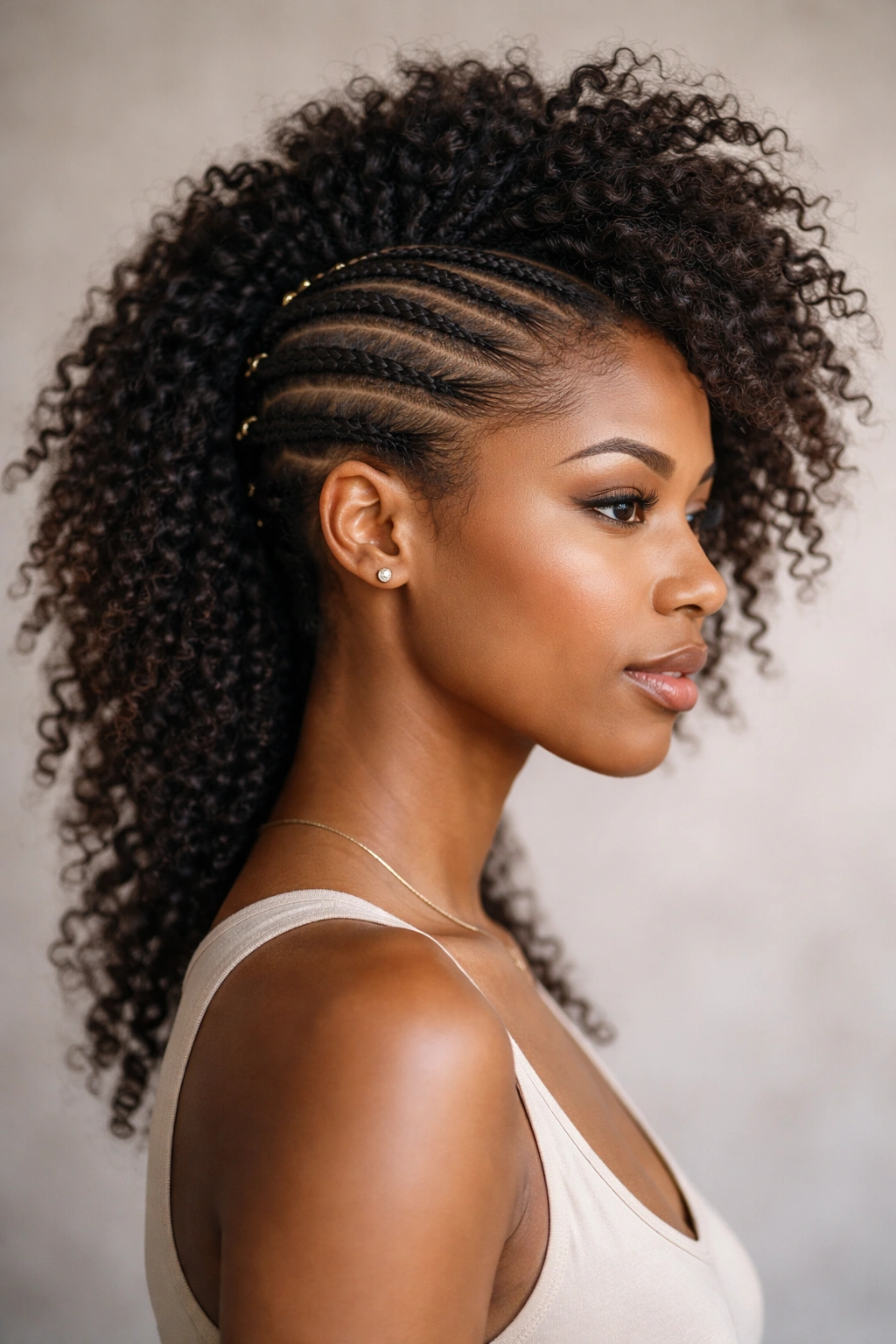 Side-swept cornrow mohawk running diagonally across the head