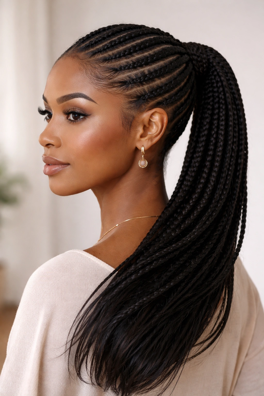 Side-profile view of diagonal side-swept cornrows into a side ponytail