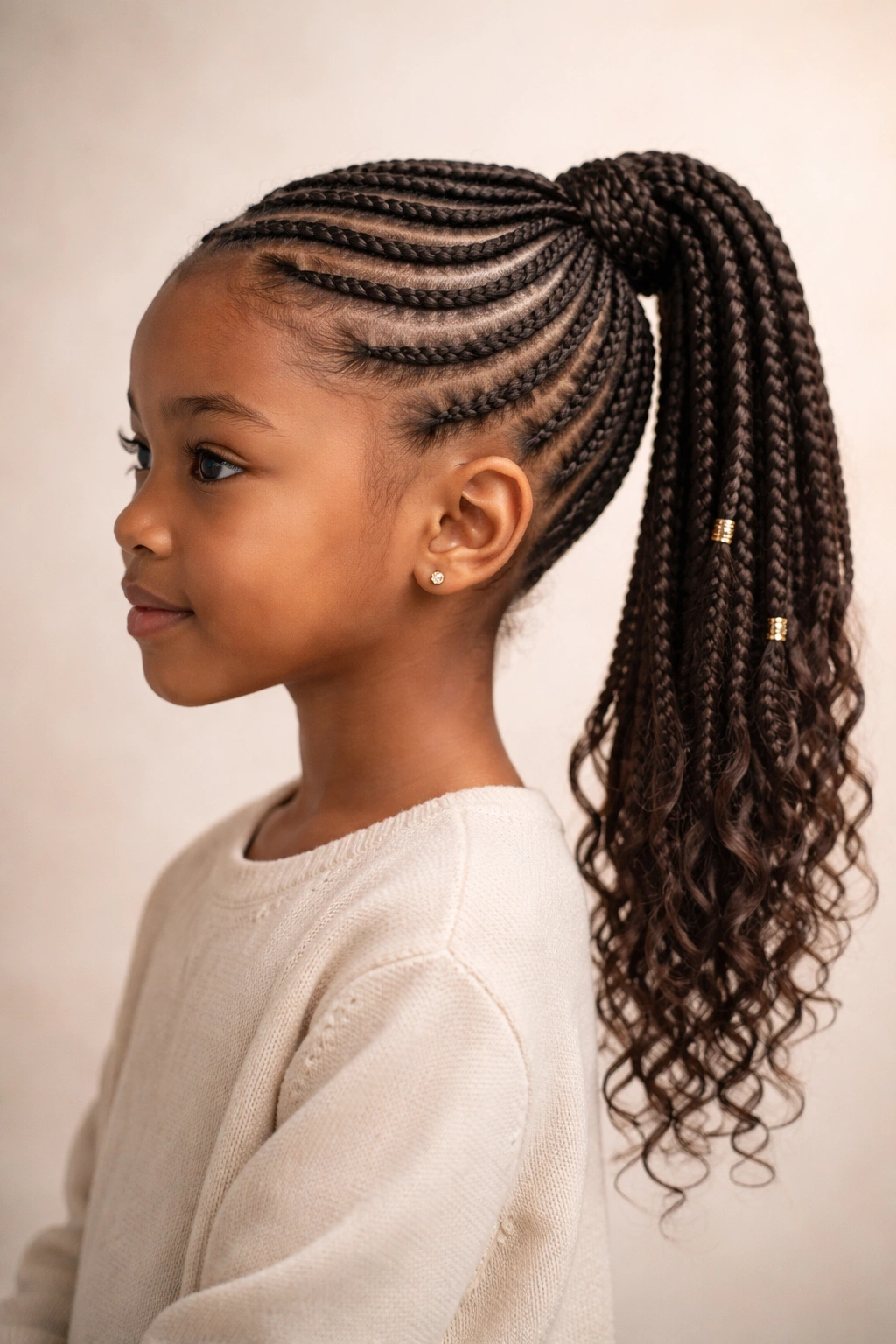 Profile of a child with side-swept cornrows into a side ponytail