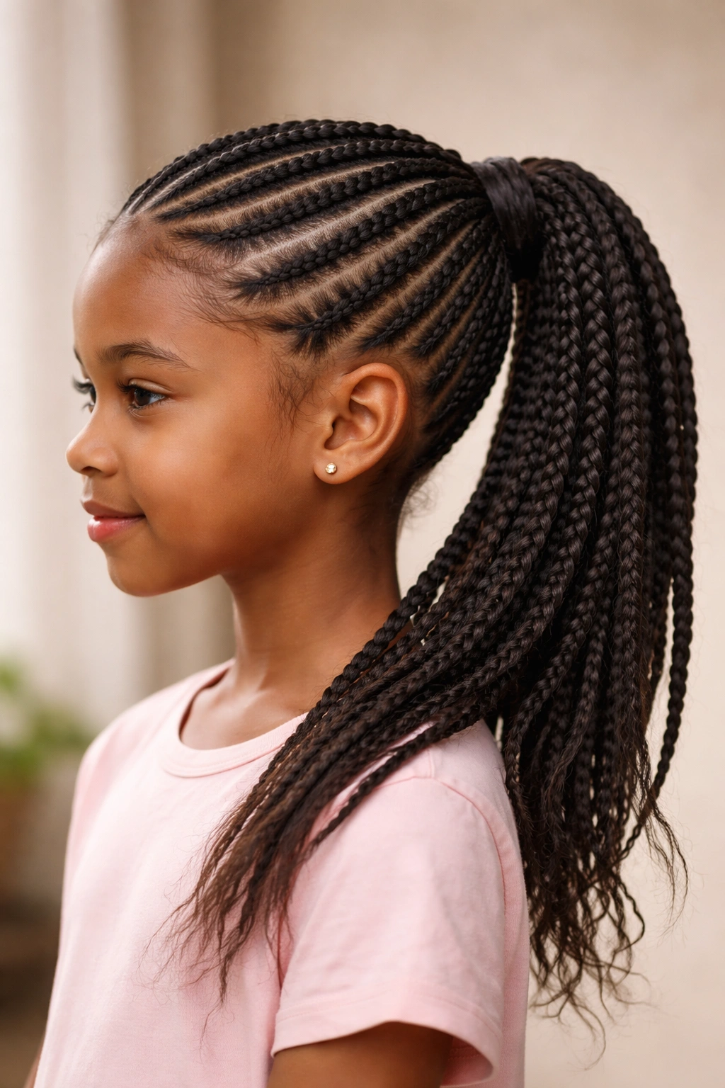 Side-swept cornrow ponytail on a child, editorial hairstyle.