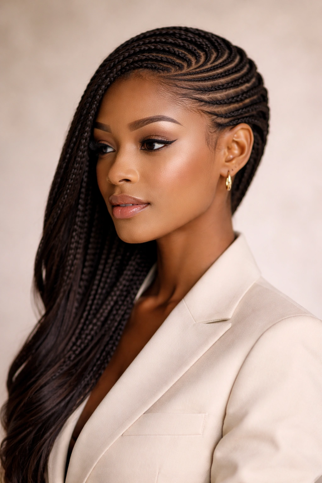 Diagonal side-swept cornrow across the crown for a modern, polished look