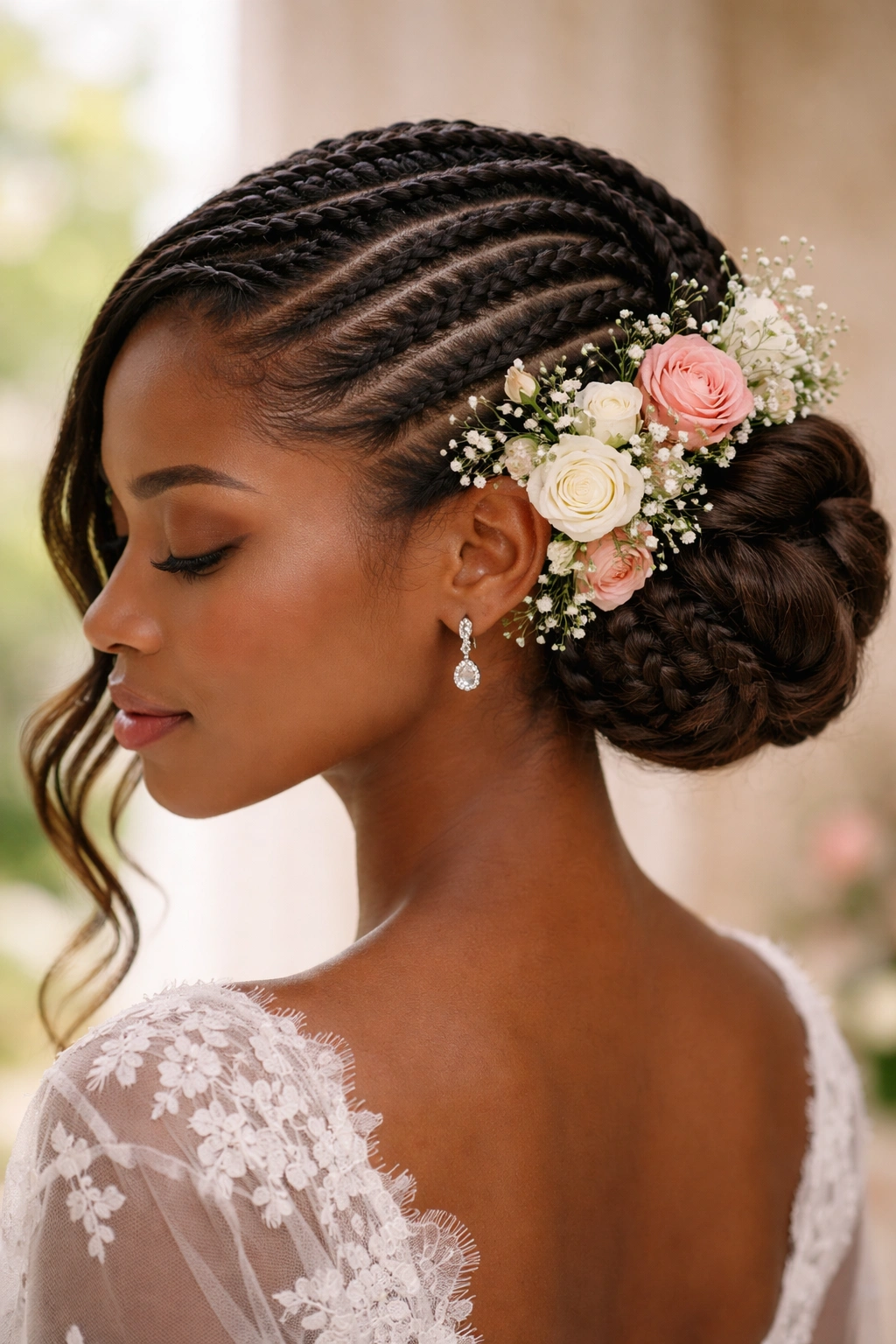 Side-swept cornrow updo with flower crown accents