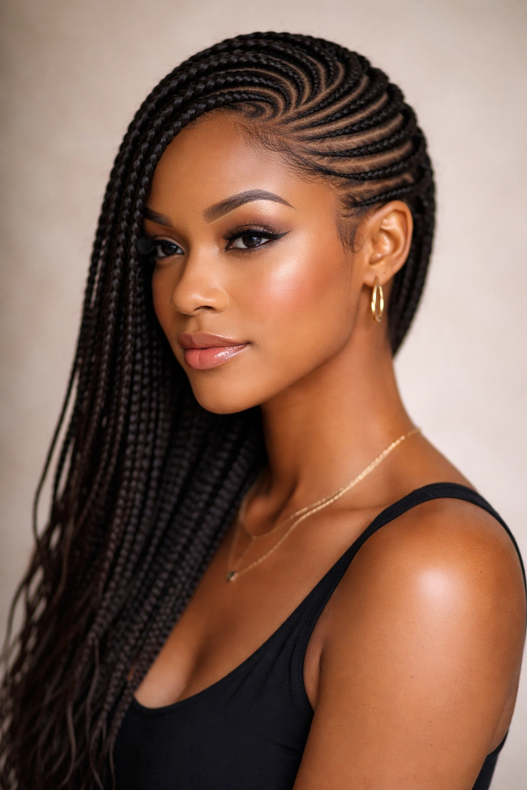 Three-quarter view of side-swept cornrows