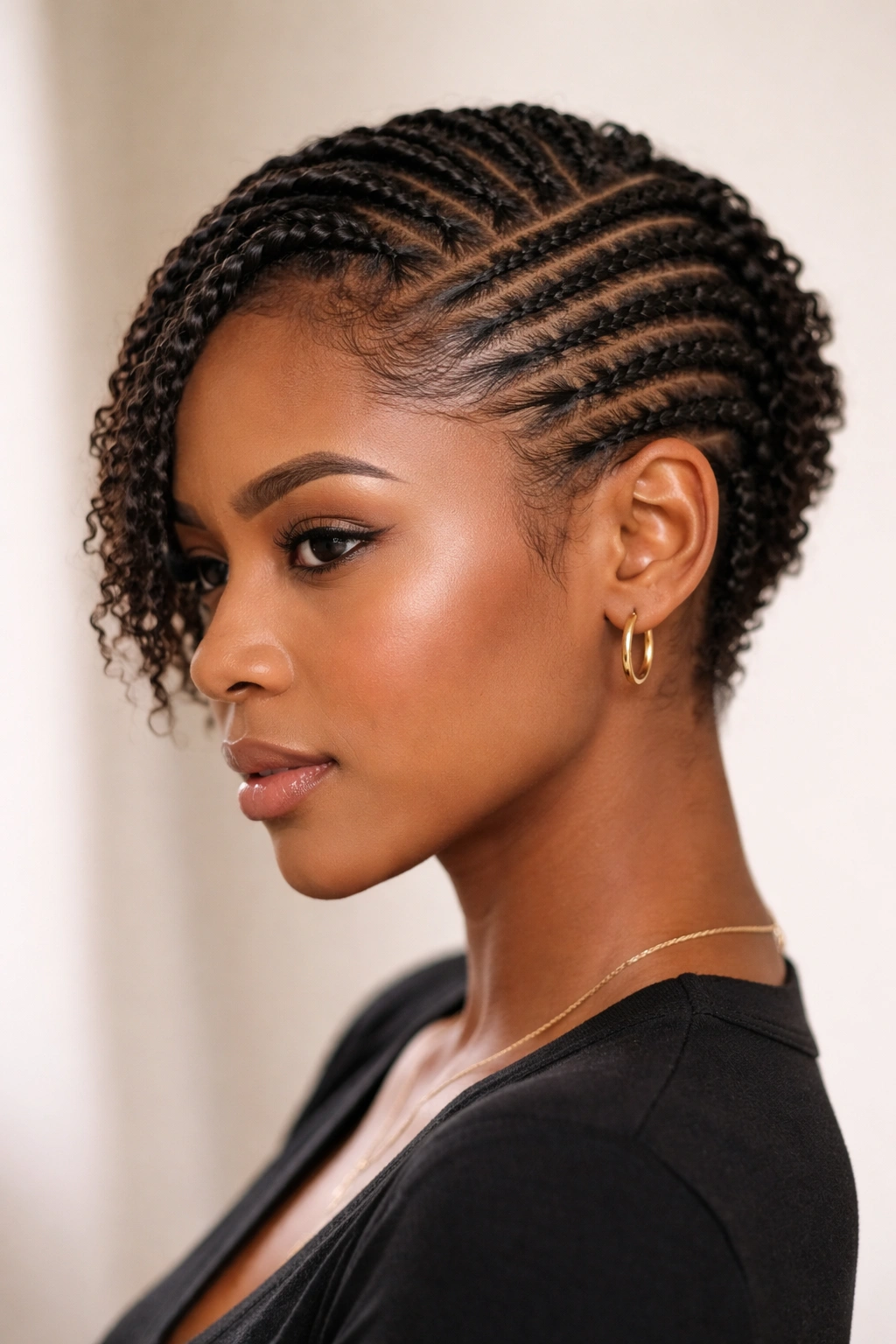 Side view of diagonal side-swept cornrows on short natural hair.