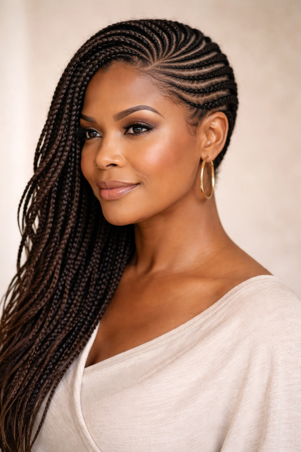 Deep side-parted cornrows swept to one side creating asymmetrical balance