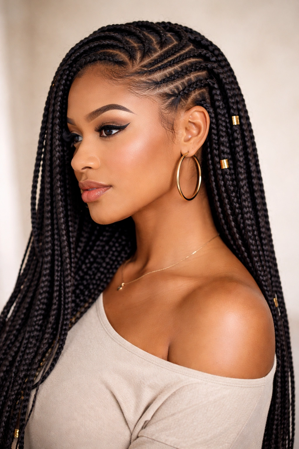Side-swept cornrows on one side with box braids on the other