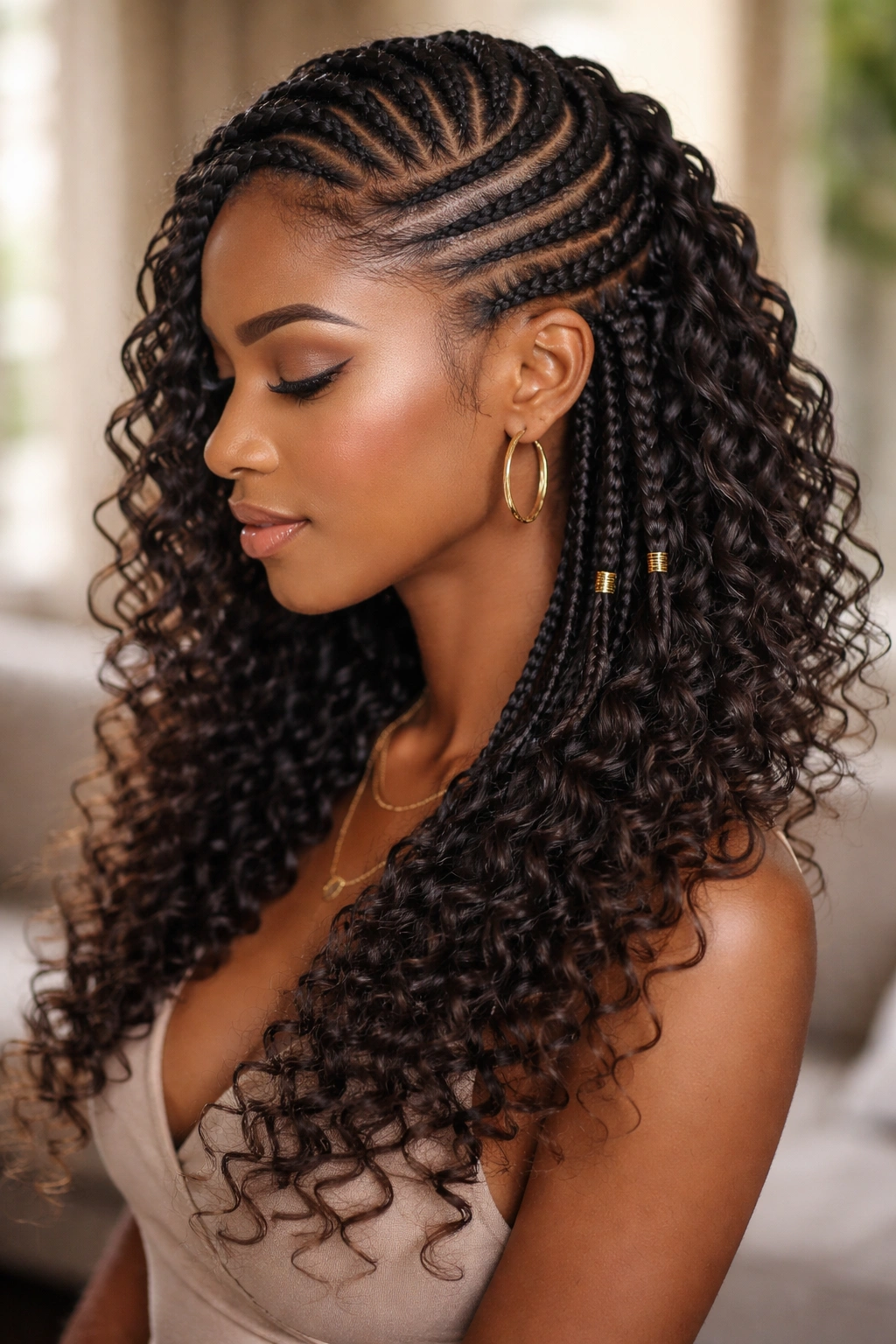 Side-swept cornrows with coil ends creating an asymmetrical bohemian look