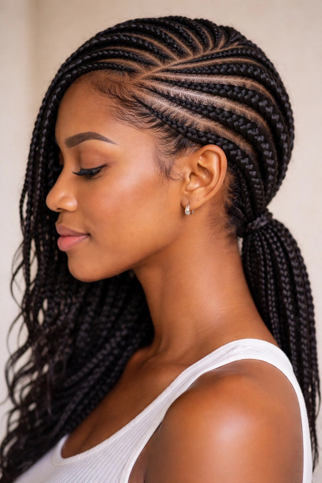 Diagonal, side-swept cornrows across the head framing the face