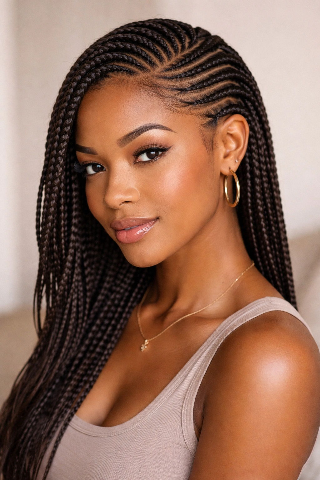 Close-up of side-swept feed-in cornrows diagonally sweeping from temple to back.