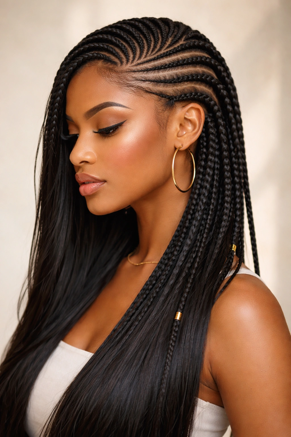 Side-swept cornrows with diagonal pattern across the scalp