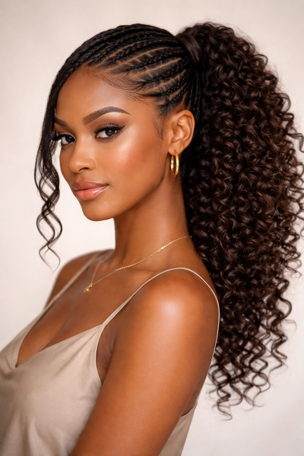 Side-swept cornrow ponytail with curls cascading over the shoulder