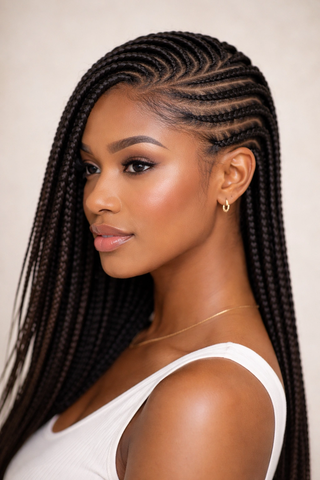 Side-swept straight-back cornrows starting at an angle and flowing to the back