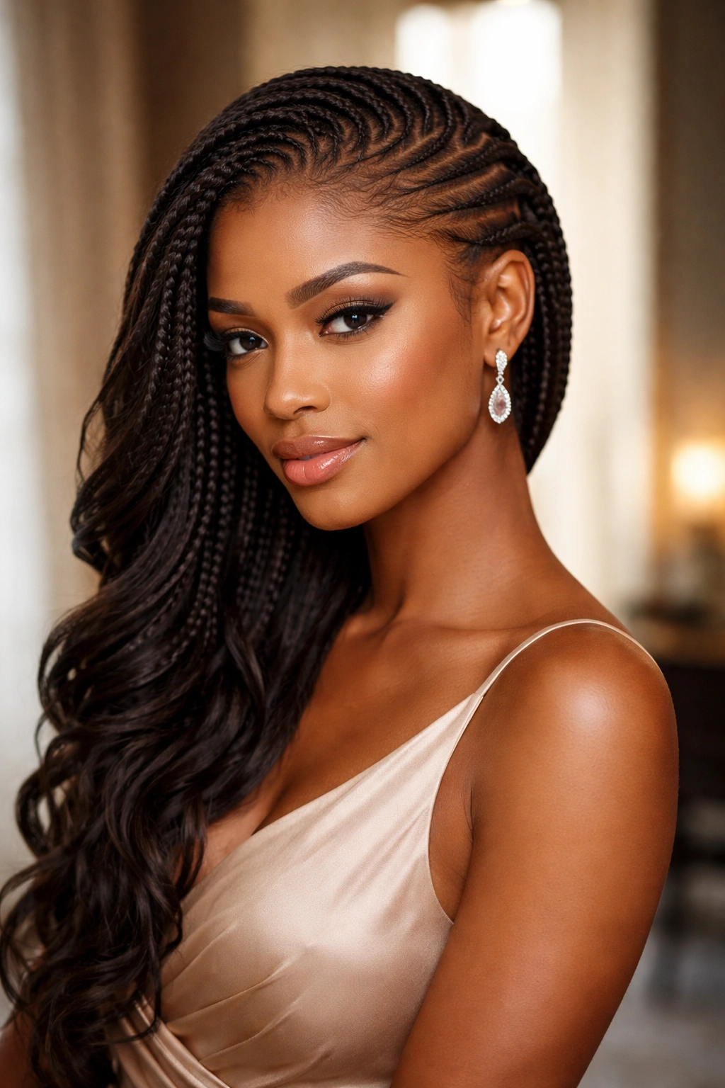 Profile view of a person with side-swept cornrows cascading to one side
