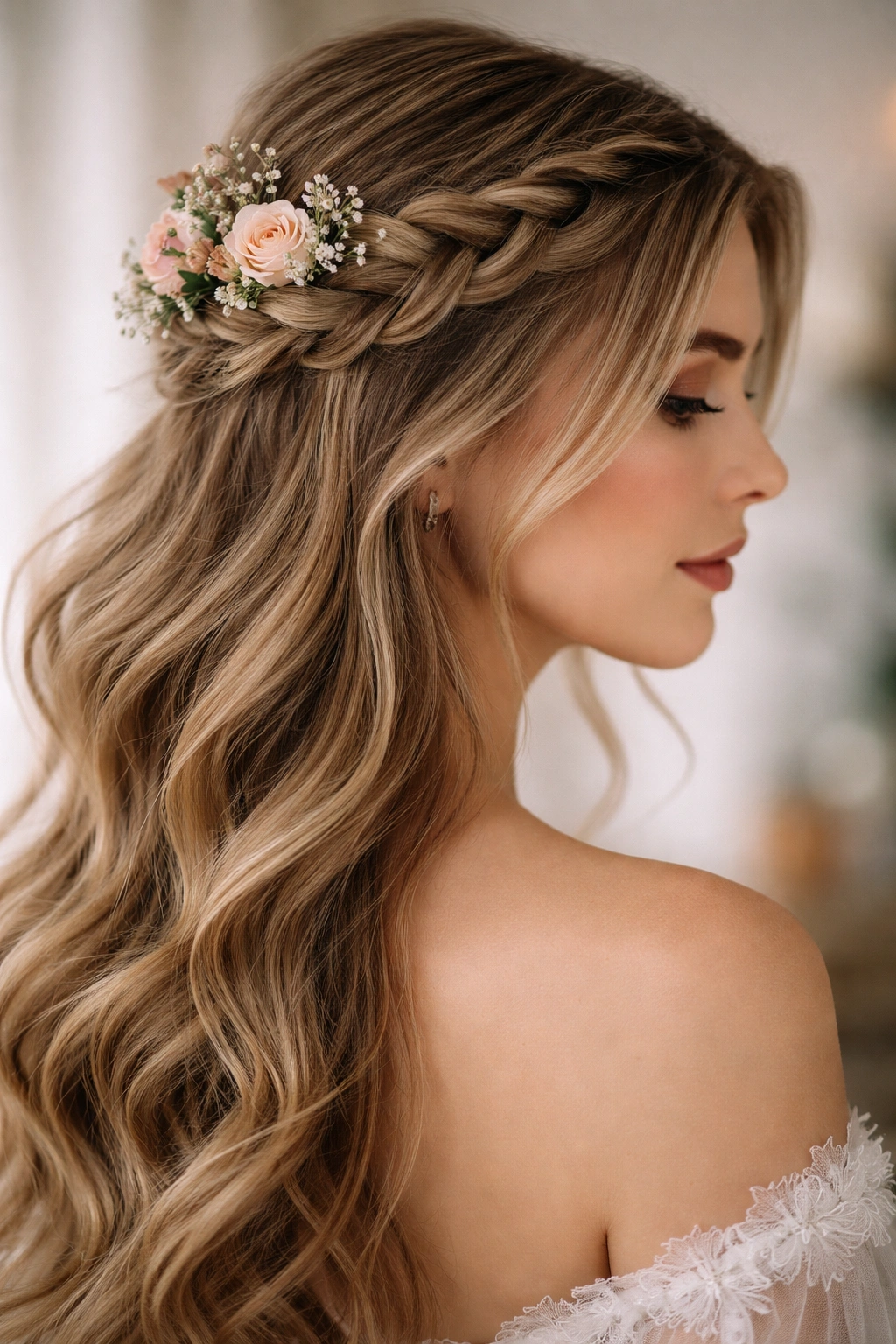 Side-swept crown braid with delicate blooms on one side