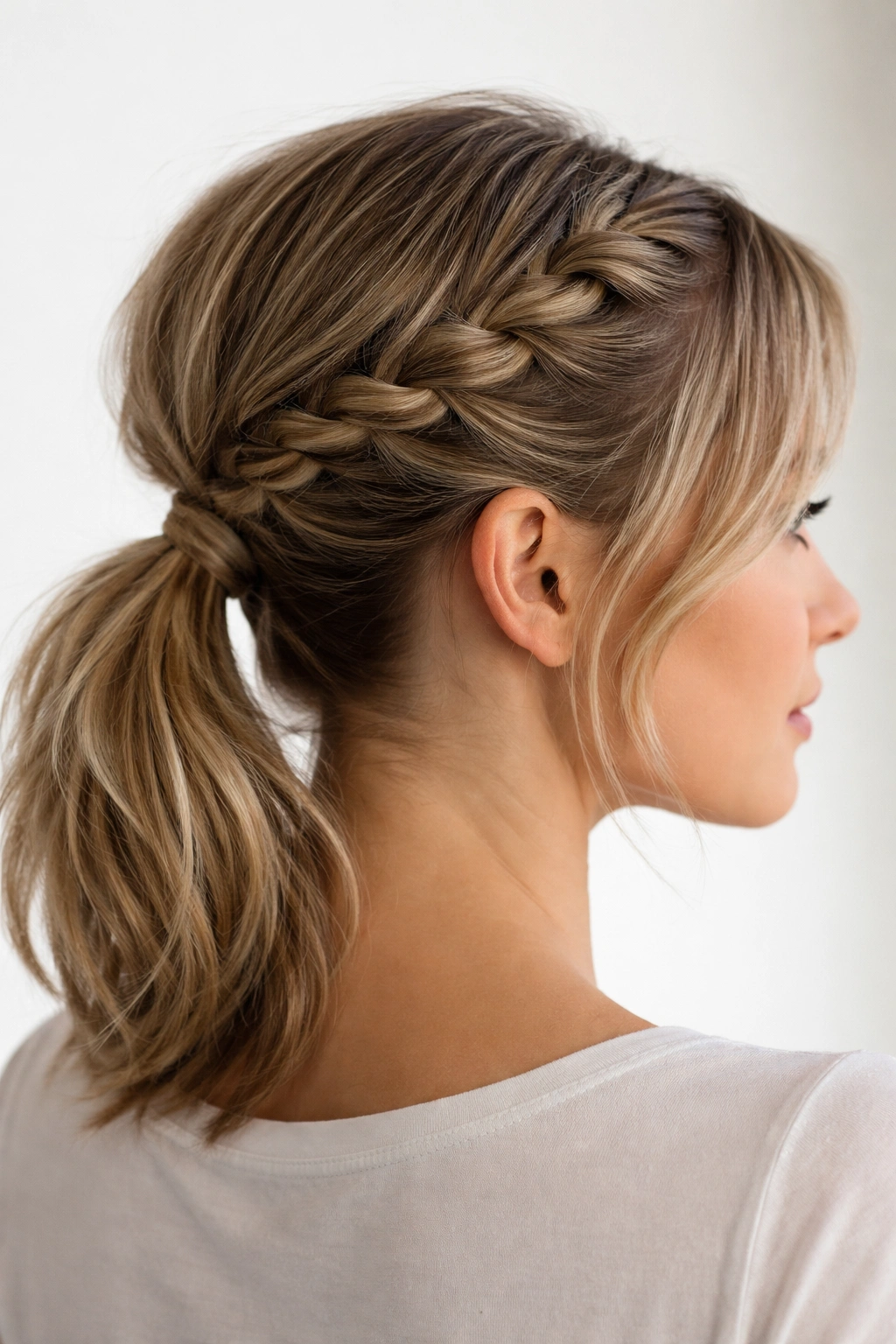 Side-swept crown braid ponytail on short hair across head