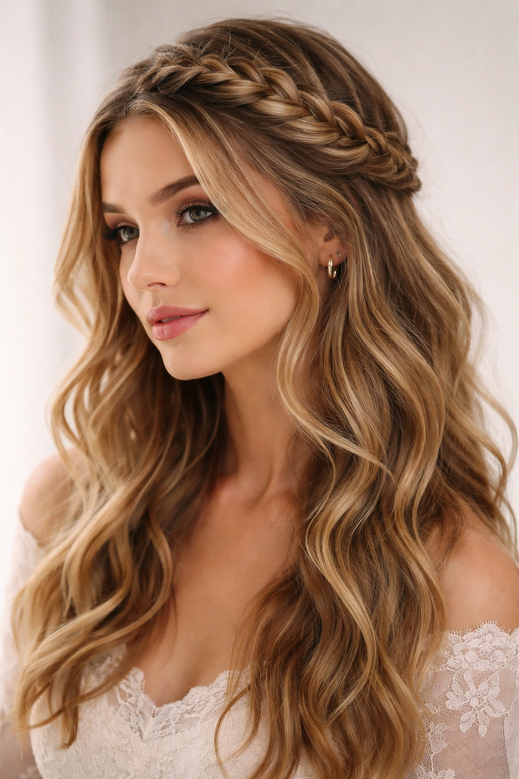 Close-up of The Side-Swept Crown Braid across the crown with waves framing the face