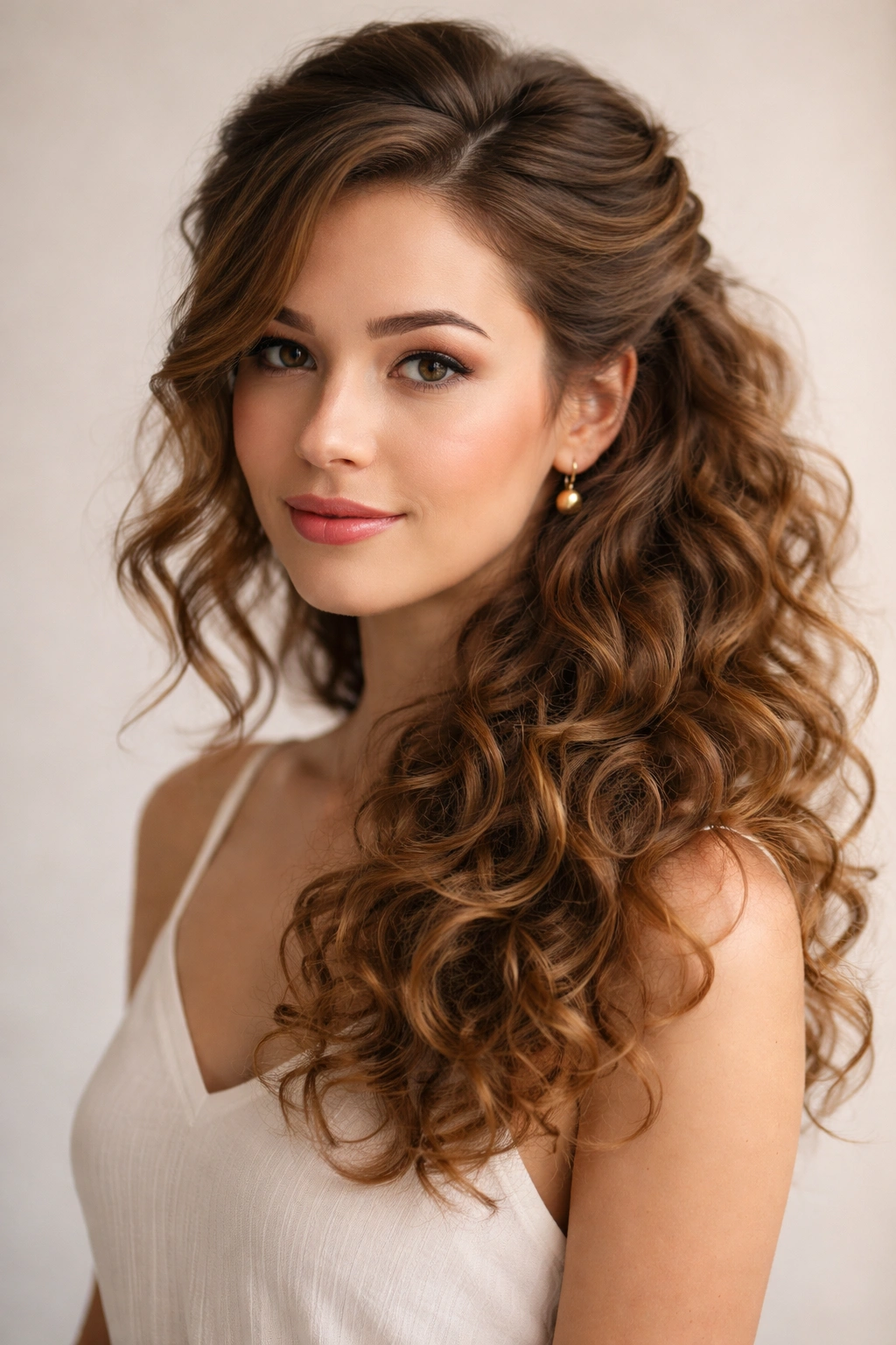 Close-up portrait of a person with side-swept half up half down curly hairstyle against a neutral studio backdrop