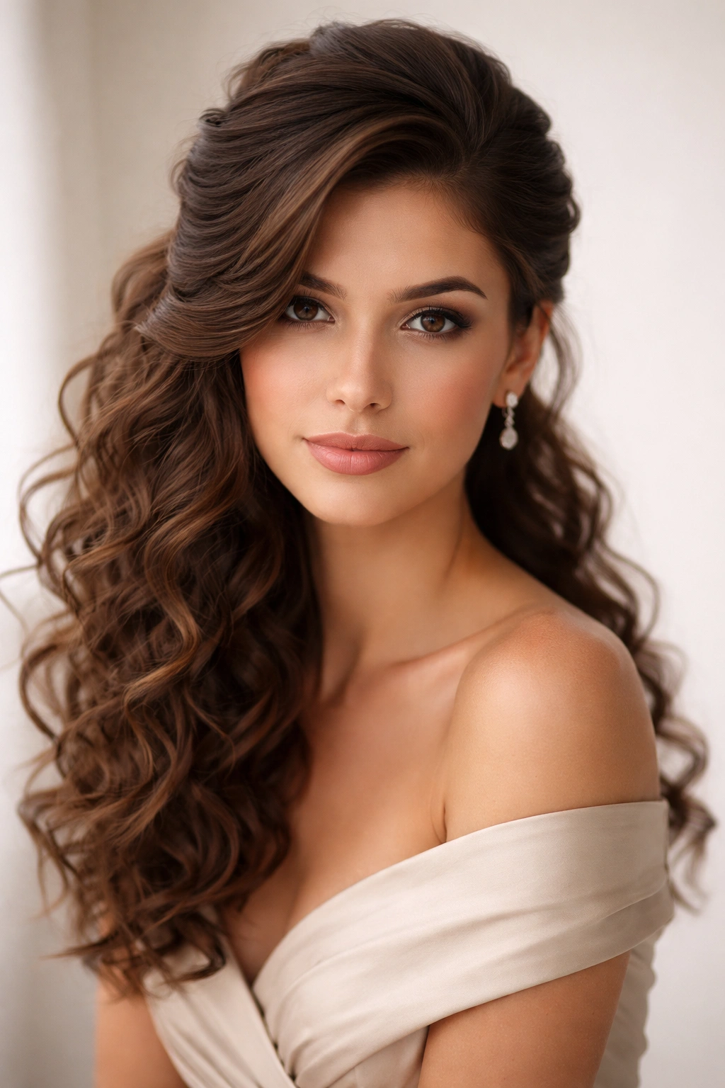 Close-up of a curly hairstyle with a dramatic side-swept half-up look
