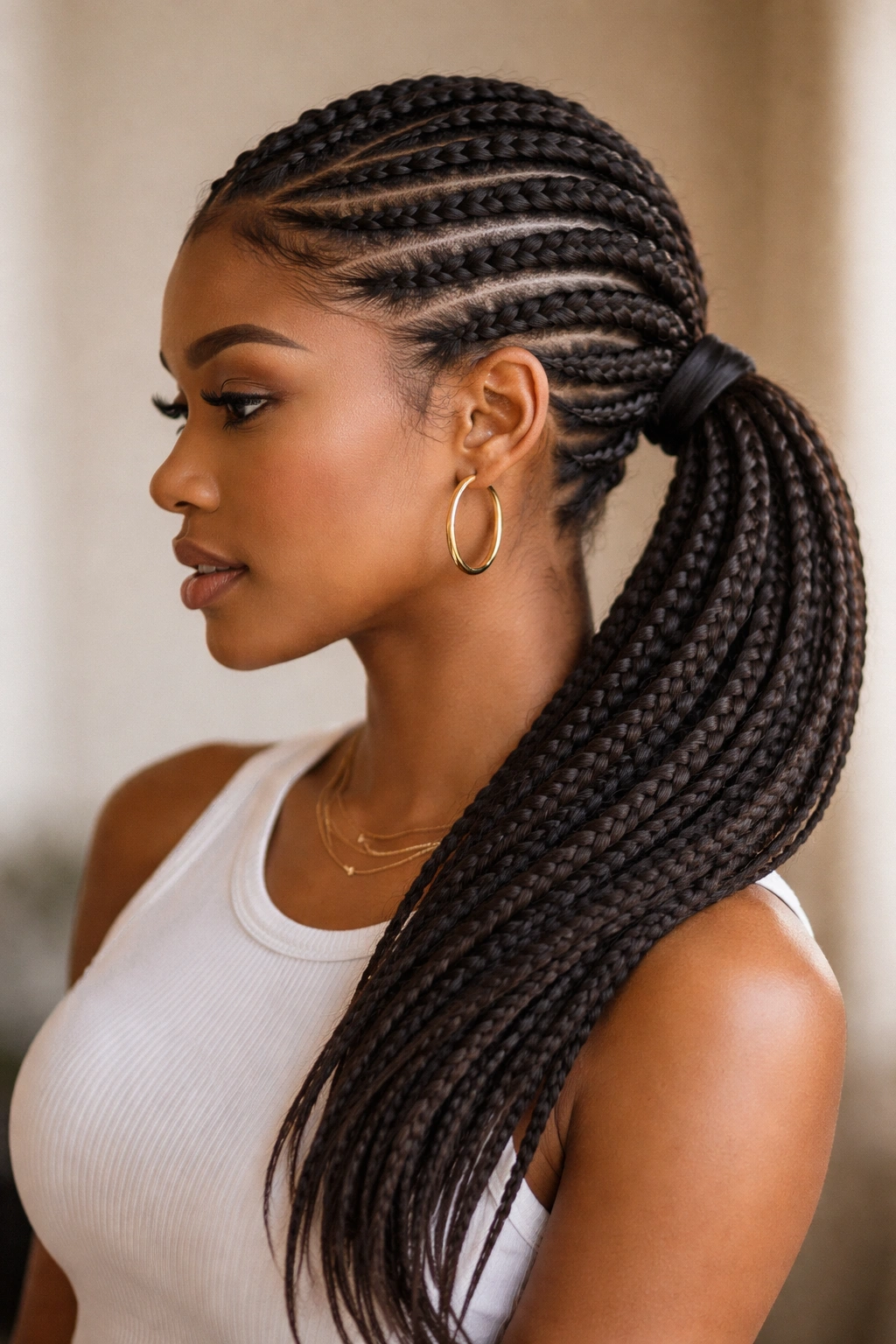 Side view of diagonal side-swept braids into a side ponytail