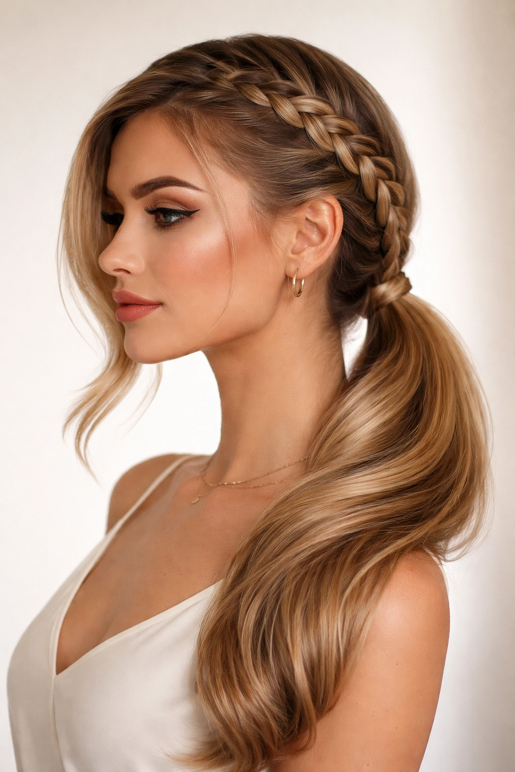 Two side-swept braids gathered into a low off-center ponytail