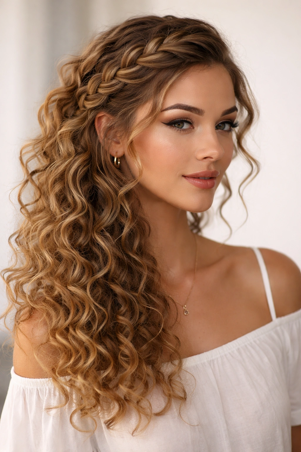 Diagonal side-swept Dutch braid with curls on the opposite side