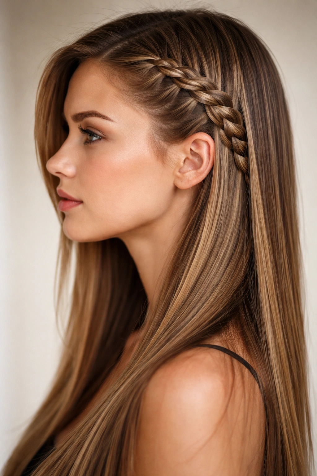 Close-up side profile of a head with a side-swept Dutch braid and straight layers
