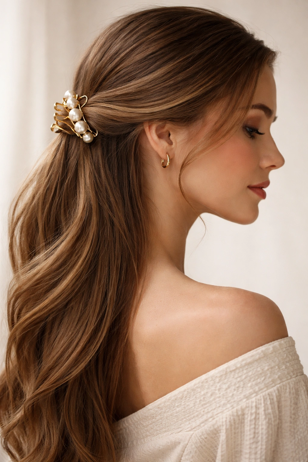 Side-swept straight hair secured with a claw clip at the back of the sweep