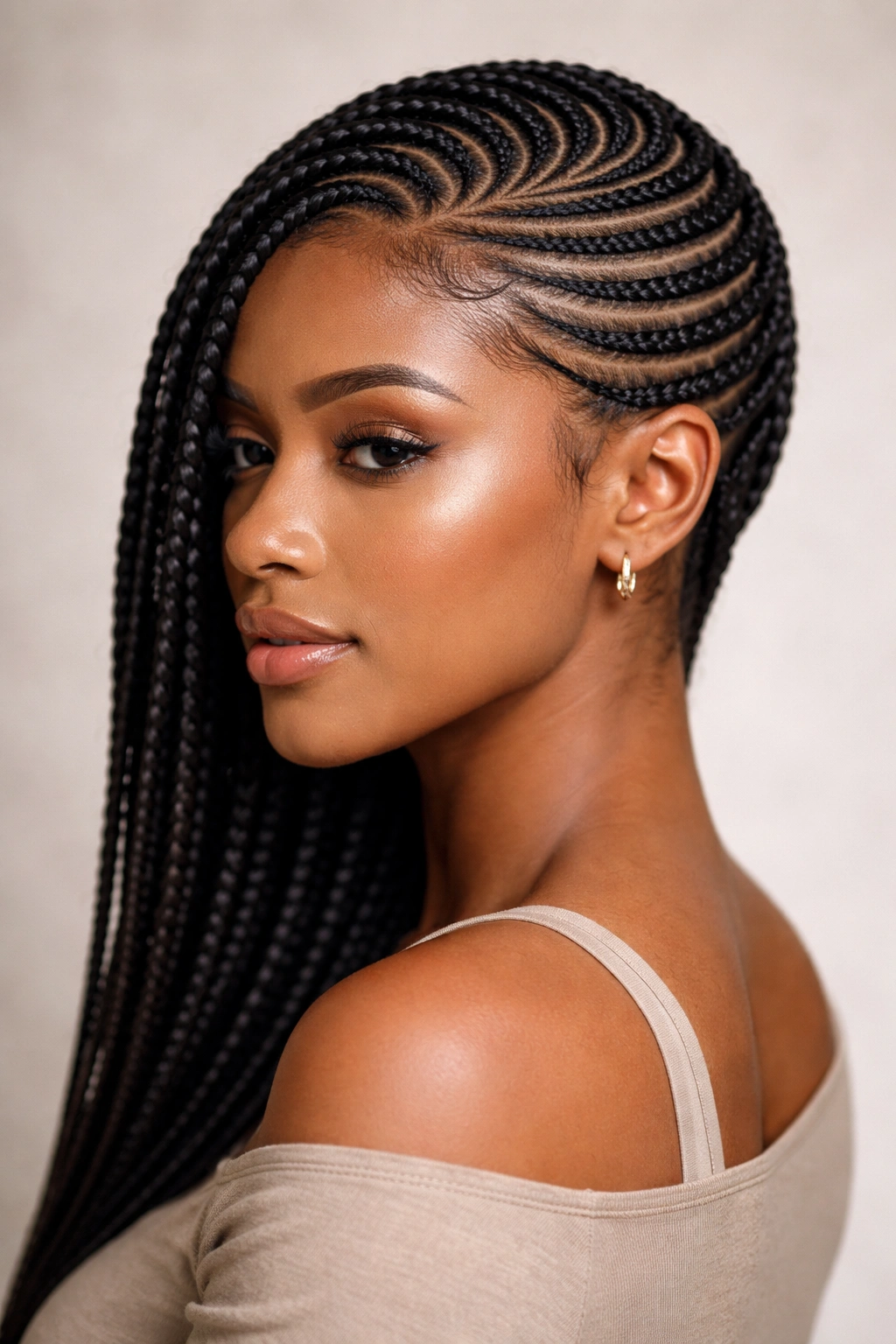 Close-up view of side-swept feed-in cornrows flowing to one side across the head