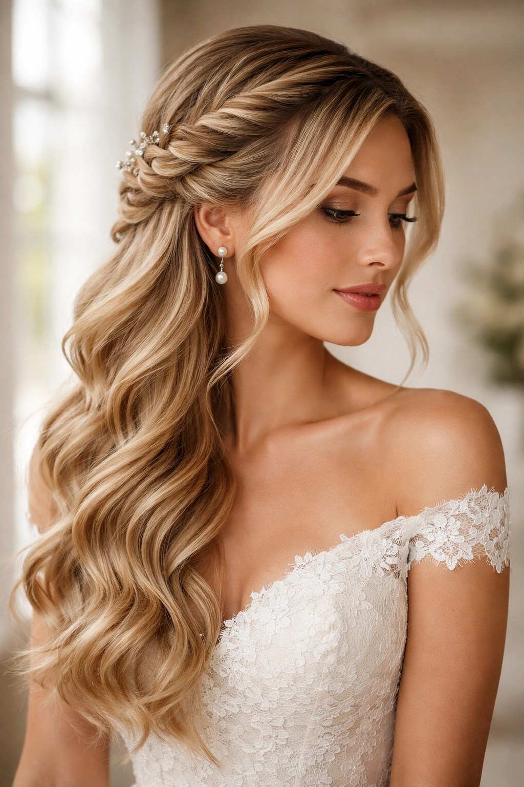 Side-swept fishtail half up half down hairstyle from temple to back