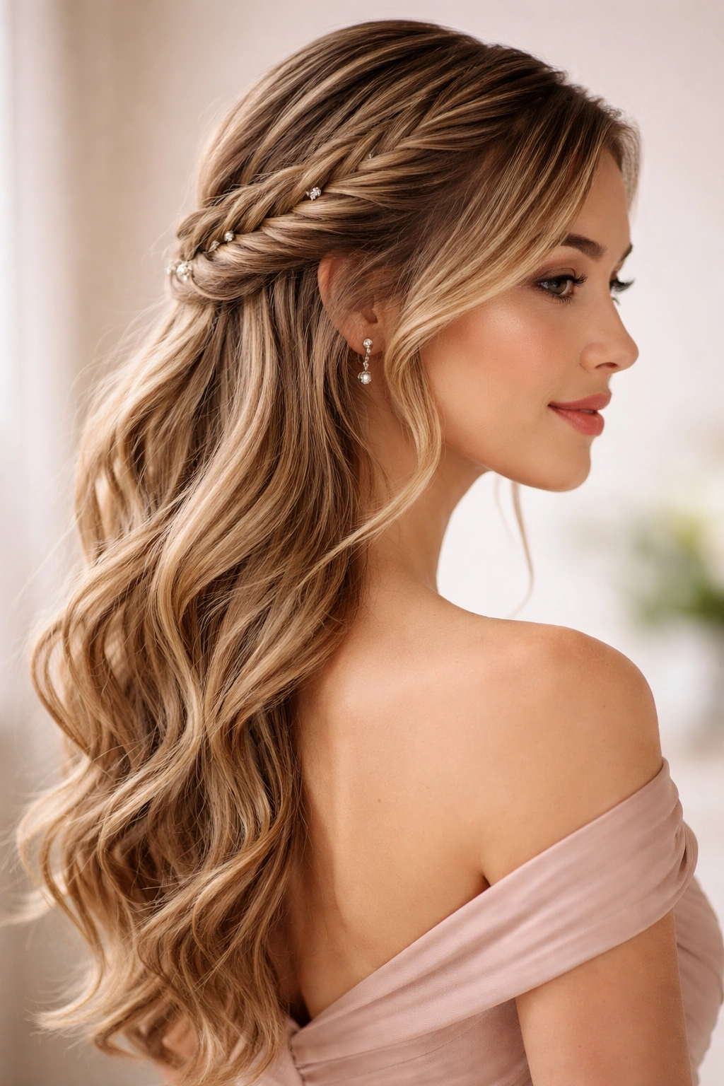 Side-profile view of an asymmetrical fishtail half-up hairstyle starting at the temple