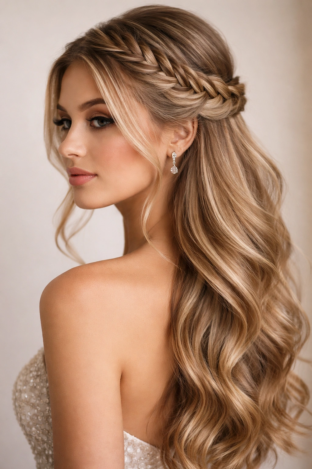 Close-up of a side-swept fishtail half-up hairstyle with a diagonal braid across the back
