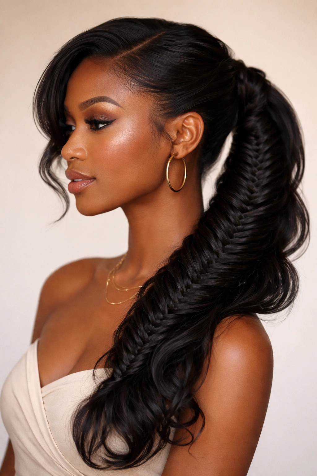 Profile view of side-swept fishtail ponytail with asymmetrical gathering