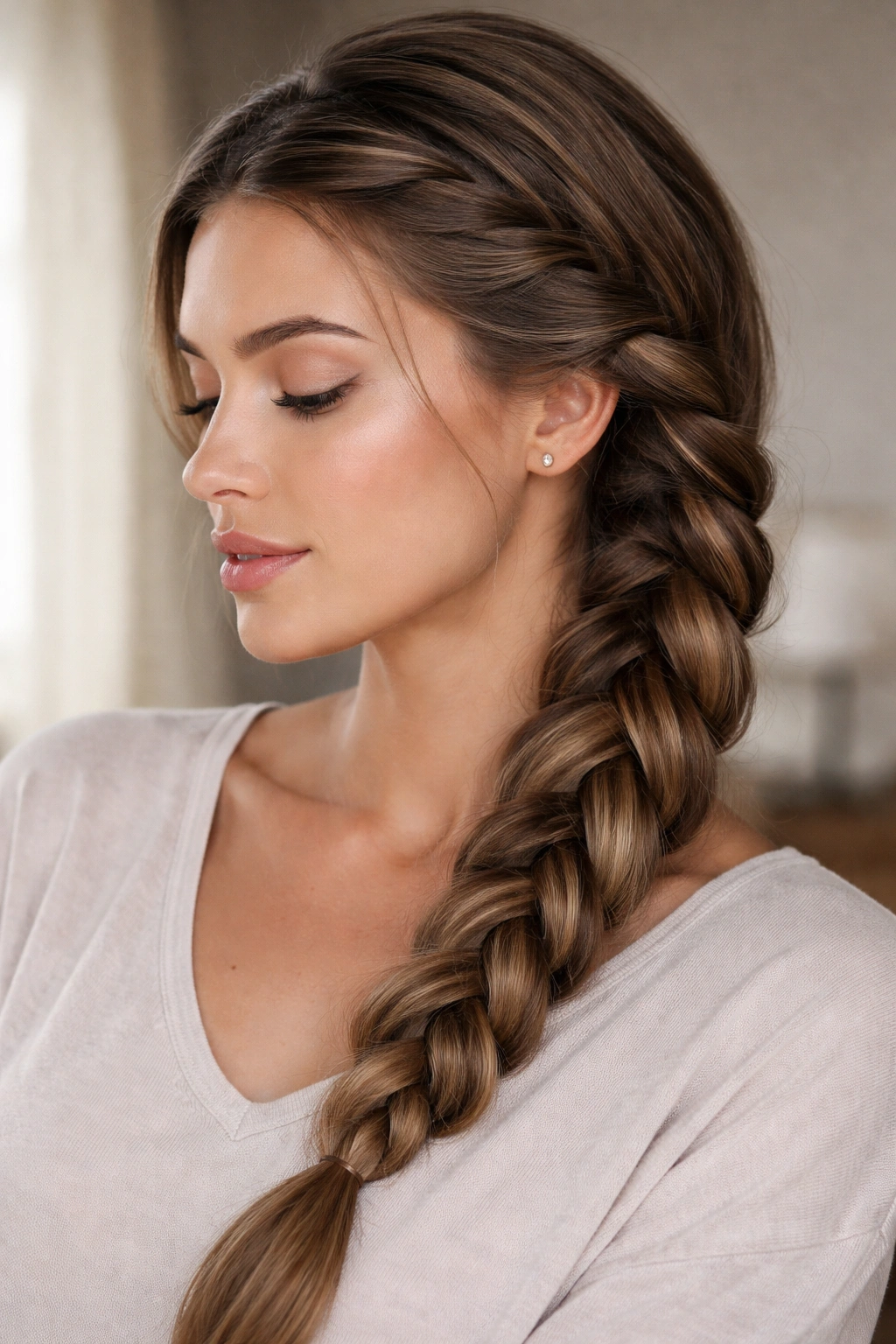 Sleek side-swept French braid across the head