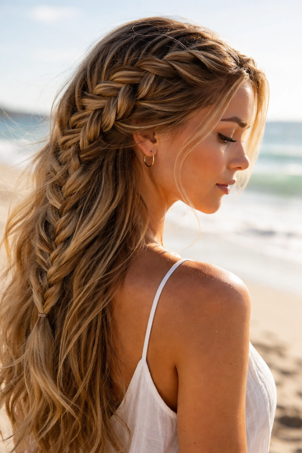 Diagonal side-swept French braid along the side of the head