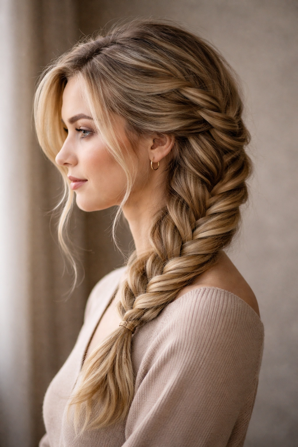 Diagonal side-swept French braid showing fullness on fine hair